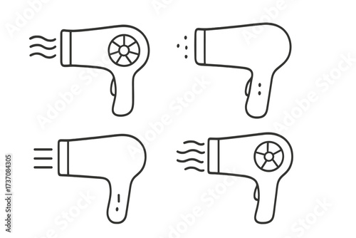 Hair dryer line icon set. Blow dryer symbol collection. Minimalistic linear pictograms for hairdressing, beauty salon, web design, apps. Hair styling electronic device vector.
