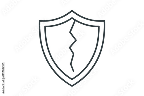 Cracked shield icon. Broken protection and security symbol. Unsafe, insecure, vulnerable concept. Data breach, cyber attack, risk, and failure metaphor. Vector line illustration.