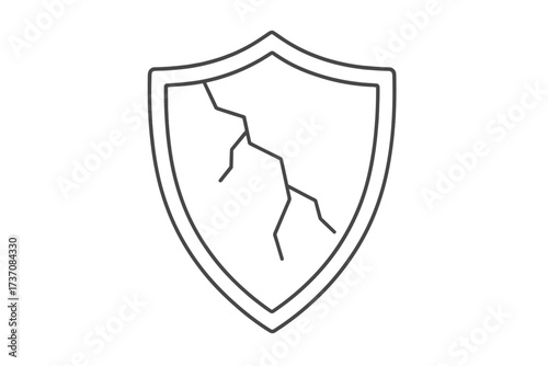 Broken shield line icon. Concept of vulnerability, insecurity, and risk. Unprotected, failed defense symbol. Data breach and cyber attack pictogram. Vector illustration.