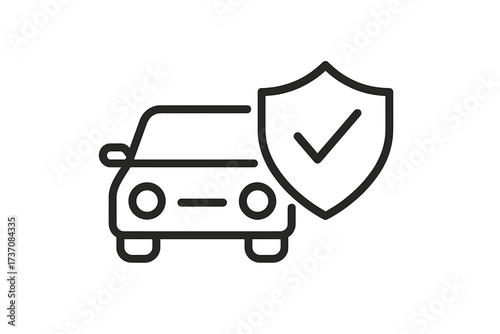Car insurance icon, auto protection symbol. Vehicle safety, security, and warranty concept. Automobile with shield and check mark. Transport guarantee approved linear vector sign.