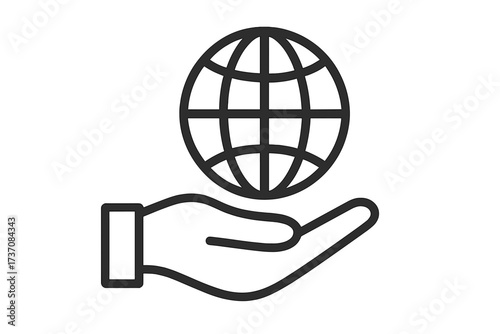 Hand holding globe line icon. Earth day, save the planet concept. Environment protection, ecology, conservation. Global business, community, international support symbol.