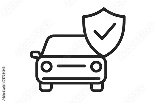 Car insurance concept. Vehicle protection and safety symbol. Automobile with shield and check mark. Secure transport guarantee. Auto service warranty vector line icon for web.