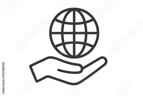 Earth in hand outline icon. Globe care symbol. Concept of saving the planet, environmental protection, ecology, and sustainability. Global business, international support, charity, peace. Vector.