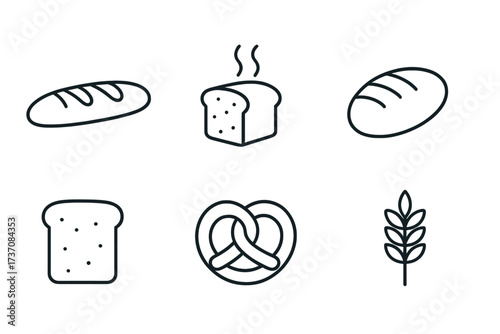 Bakery and bread line icon set. Minimalistic linear pictogram collection for web, graphic design, apps, and banners. Loaf, baguette, slice, pretzel, wheat ear. Vector food illustration.