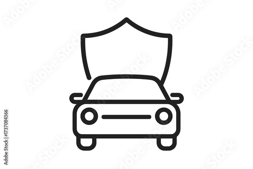 Car insurance icon concept. Vehicle protection and auto safety symbol. Automobile with shield for security, warranty, and guarantee. Minimalistic linear vector illustration.