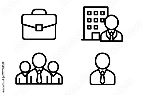 Business and Work Icon Set with Briefcase, Office Building, Employees, and Staff Vector Cartoon Illustration for Corporate, Company, Job, and Professional Use with Transparent Background