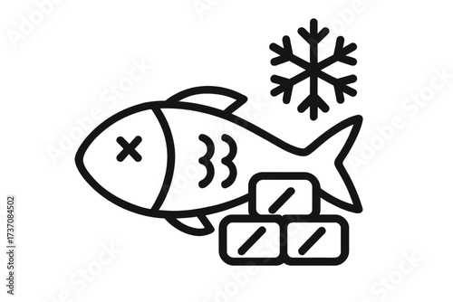 Frozen fish icon. Minimalistic linear pictogram of fresh seafood on ice cubes. Vector symbol for food packaging, grocery store, app and web graphic design illustration.