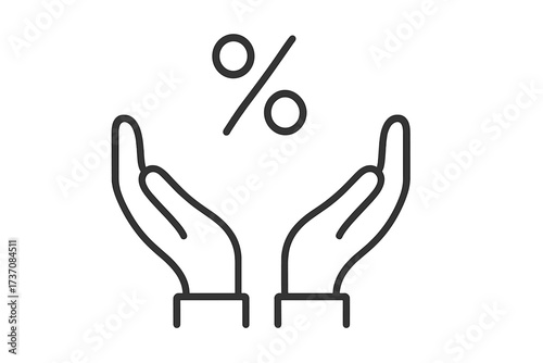 Hands holding percent sign. Thin line icon for discount, sale offer, or special promotion. Vector concept for interest rate, loan, credit, tax, and investment return.