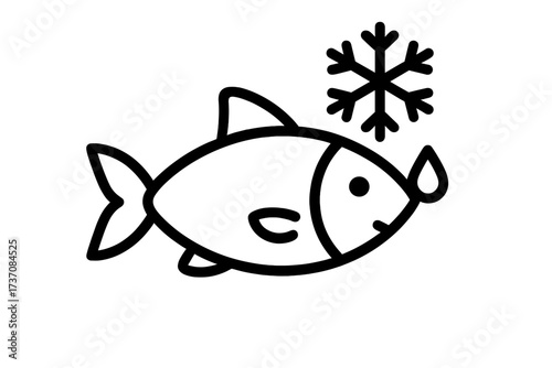 Frozen fish outline linear sign. Seafood icon with snowflake and water drop. Concept for freezing, storing, defrosting food. Vector for product packaging, grocery label, market, app.