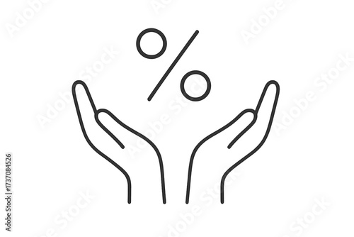 Hands holding percent sign thin line icon. Financial services, credit, loan or deposit interest rate concept. Discount, sale, commission or special offer vector symbol.