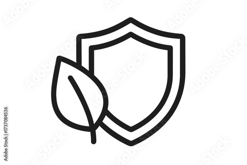 Minimalistic shield and leaf icon, environmental protection symbol, eco-friendly emblem for web, graphic design, apps, banners, social networks, and cards, vector cartoon illustration