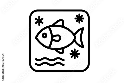 Frozen fish vector outline icon. Symbol for seafood packaging, freezer product label, and cold storage. Fresh fish market sign. Graphic element for web, app, and grocery ads.