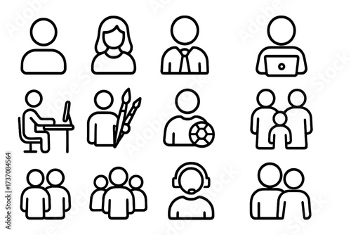 User Related Outline Symbol Set with Icons of Staff, People, Work, Hobbies, Family, and Activities for Graphic Design, Web, Cards, Books, Articles, Vector Cartoon