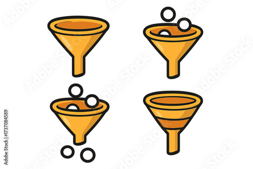 Sales funnel icon set for marketing. Lead generation, data filtering, and conversion process concept. Business strategy infographic element. Vector cartoon illustration.