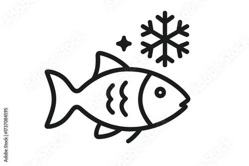 Frozen fish line icon vector. Seafood product symbol outline. Cold storage food concept. Fresh fish market logo. Ice food pictogram for packaging, menu. Fishing industry graphic.