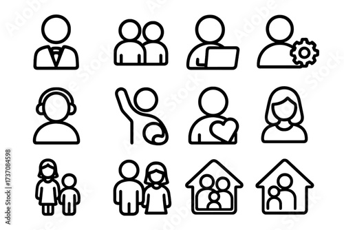 User Related Simple Symbol Vector Set with Staff, People, Work, Hobbies, Family Icons for Graphic Design, Websites, Cards, Books, Articles, Vector Cartoon Style