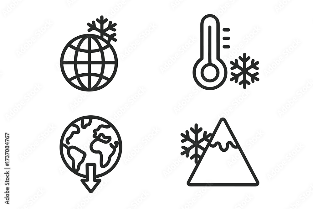 Obraz premium Global cooling and ice age icon set. Climate change concept with planet earth, snowflake, and cold thermometer symbols. Outline vector illustration for weather and environment.