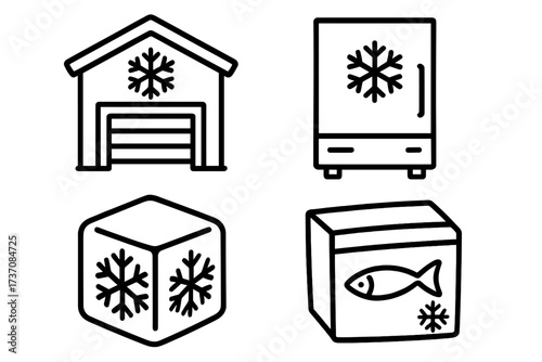 Cold storage icon set. Freezer, refrigerator, and warehouse line art symbols. Frozen food logistics, cold chain supply, and temperature control vector outline illustrations.