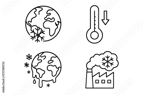 Global cooling vector icon set. Ice age concept. Climate crisis, cold apocalypse. Planet Earth freezing, low temperature, industrial pollution causing snow. Outline symbol collection.