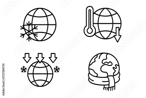 Global cooling icon set. Ice age and climate change concept. Planet Earth with snowflake, thermometer, and scarf. Vector line art symbols for web and graphic design.