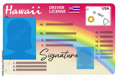 Hawaii driver license with female silhouette isolated on white background. Person driver license.