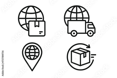 Global delivery icon set for logistics and shipping. Outline vector symbols for worldwide freight, e-commerce, cargo transport, package tracking, order fulfillment, and returns.