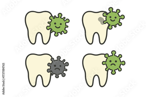 Cute Cartoon Virus on Tooth Icon Set, Dental Germs, Healthy and Decayed Teeth, Vector Illness Concept for Websites, Books, Cards, Apps with Transparent Background