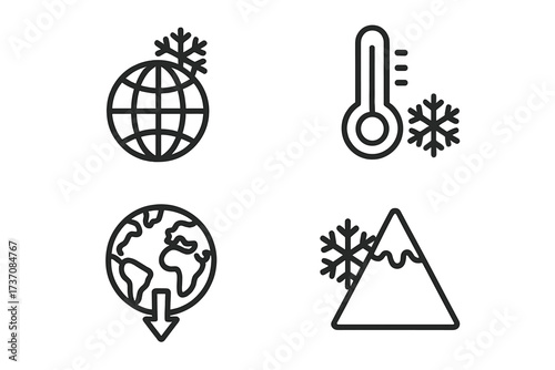 Global cooling and ice age icon set. Climate change concept with planet earth, snowflake, and cold thermometer symbols. Outline vector illustration for weather and environment.