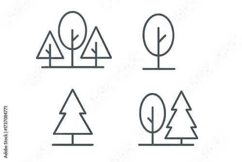 Minimalistic Trees and Forest Outline Icons for Web, Graphic Design, Apps, Banners, Social Networks, Cards, Vector Cartoon Illustrations with Transparent Background