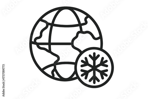 Global cooling icon. Planet earth and snowflake symbol. Concept of an ice age, winter weather, and cold climate. Vector line art illustration for environmental themes.