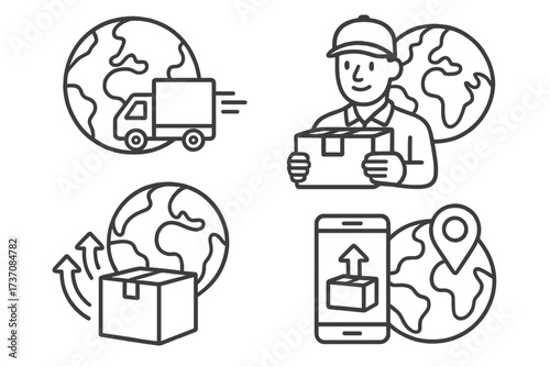 Global delivery icon set for logistics and shipping. Worldwide e-commerce, courier service, international transport, cargo tracking app. Vector outline illustration.
