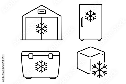 Cold storage icon set. Warehouse, refrigerator, cooler, and freezer box. Outline vector icons for food preservation, logistics, and supply chain. Frozen goods concept.