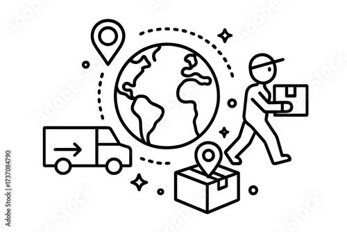 Global delivery service vector icon set. Worldwide shipping, logistics, and e-commerce concept. International freight and express parcel transport with courier, truck, and globe.