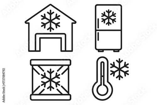 Cold storage and refrigeration line icon set. Includes warehouse, refrigerator, freezer container, and cold thermometer. Vector outline symbols for cold chain logistics.