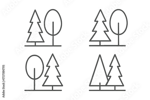 Minimalistic thin line tree and forest icons set for web design, apps, banners, social networks, cards, nature symbols, eco concepts, cartoon vector illustration transparent background