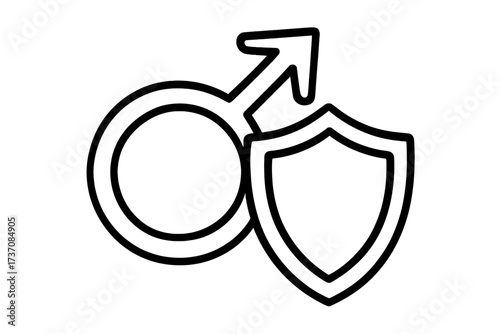 Men's health concept. Male gender symbol with shield icon for protection, security, and insurance. Vector line art for urology, prostate health, and men's healthcare.