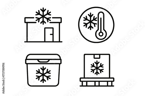 Cold chain logistics and refrigeration vector icon set. Outline symbols for warehouse, freezer, cooler box, and frozen goods transport. For food preservation and supply concepts.
