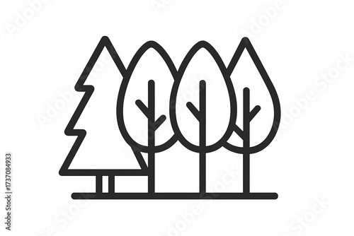Trees in forest outline icon for graphic design, web apps, advertising, cards, vector cartoon illustration with transparent background, set of conifer and deciduous tree symbols