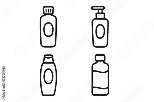 Cosmetic bottle icon set. Skincare product packaging collection. Line art vector illustration of shampoo, lotion dispenser, gel, and cream. Beauty and hygiene symbols.