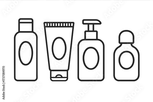Cosmetic bottle line icon set. Vector illustration of beauty and skincare containers. Includes shampoo, lotion, soap dispenser, cream tube, and gel packaging. Minimalist outline.