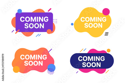 Coming soon banner set. Modern abstract liquid shapes for promotion announcement. Colorful gradient fluid geometric graphic design elements for marketing, advertising and sales.