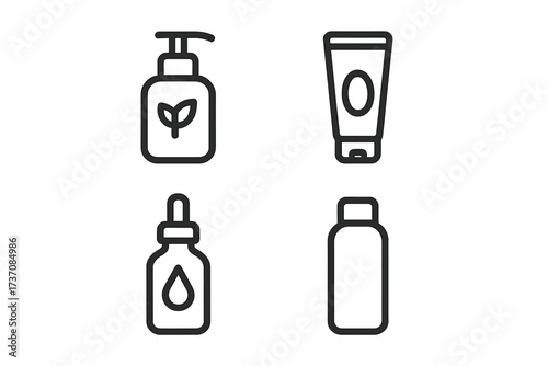 Skincare cosmetic bottle icon set. Vector line art symbols for beauty products. Lotion pump, cream tube, serum dropper, and shampoo bottle. Natural organic cosmetics.