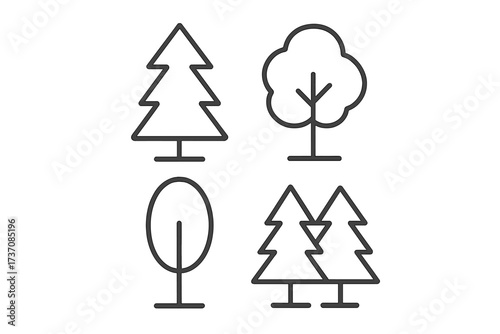 Minimalist tree icons set for web, books, cards, and apps. Vector forest illustrations with transparent background. Simple nature symbols, pine, leafy, stylized, evergreen oak designs.
