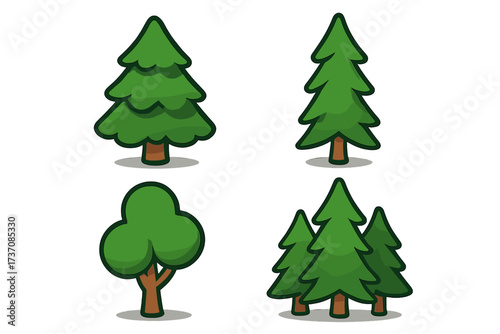 Cartoon tree set with pine and leafy forest symbols, vector illustration for graphic design, websites, cards, books, articles, nature elements with transparent background, ordered collection