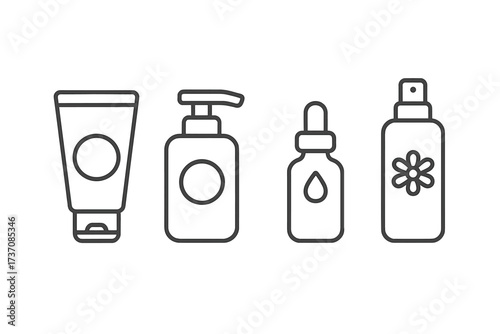 Cosmetic packaging line icon set. Skincare product containers. Cream tube, soap pump, serum dropper, face spray. Minimalist vector illustration for beauty, hygiene, spa.