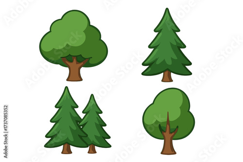 Cartoon tree icons collection with forest symbols, green leafy trees and pine trees illustration for graphic design, websites, cards, books, articles, nature elements set