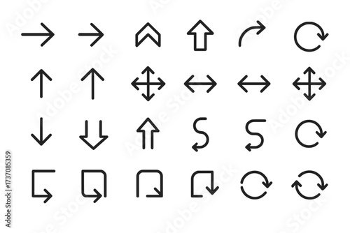 Arrow icon set in thin line style. Collection of 24 simple direction symbols. Pointers for web, UI, UX design. Includes up, down, left, right, refresh, reload, move.