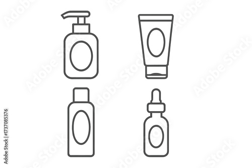 Cosmetic bottle icon set. Minimal thin line style. Skincare packaging collection. Pump dispenser, cream tube, shampoo bottle, serum dropper. Beauty product outline vector.
