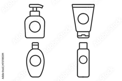 Cosmetic bottle and tube icon set. Minimalistic outline vector illustration for beauty, skincare, and hygiene products. Soap dispenser, cream, lotion, shampoo packaging.