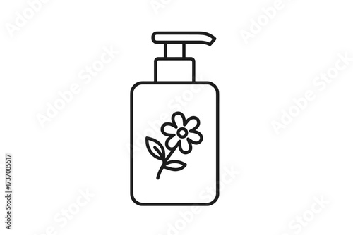 Cosmetic bottle pump dispenser icon. Liquid soap, lotion, gel, shampoo container. Natural organic floral beauty product. Skincare, hygiene. Vector line art illustration.